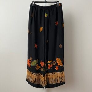 VTG Boho Earth Colors Autumn Leaf Print Fringe Hem Wide Leg Pants L Black